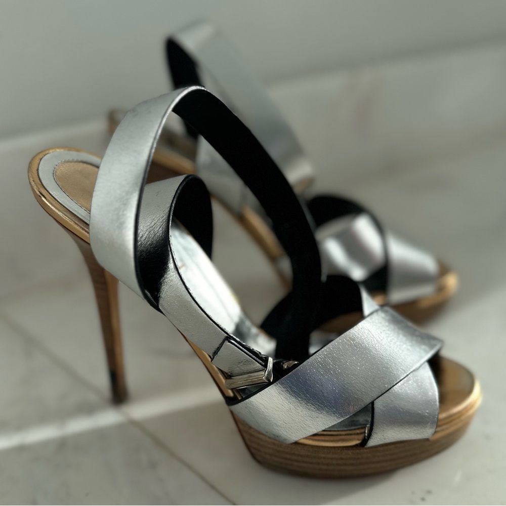 FENDI silver strappy ankle sandals heels platform